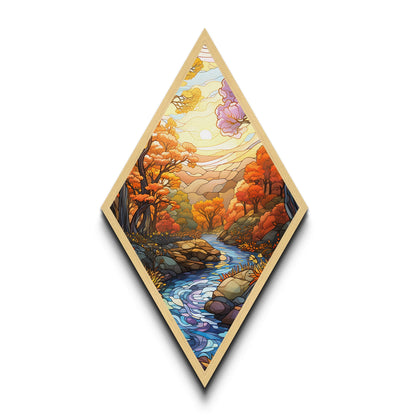 Autumn Forest Stream – Canvas Textured Print Stained Glass Style, Fall River Landscape, Nature Diamond Wall Art, Golden Hour Forest