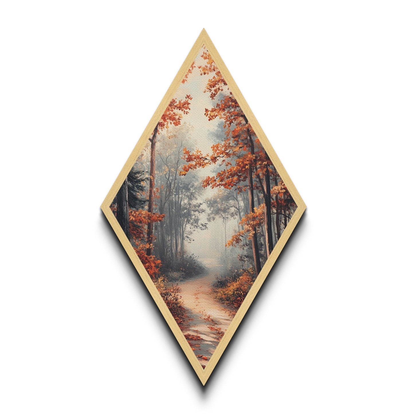 Diamond Shaped Autumn Forest Glow, warm foliage scenic Canvas Textured Print, cozy woodland path artwork, rustic fall home wall piece