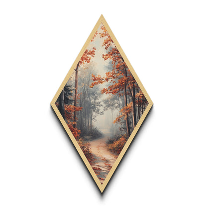 Diamond Shaped Autumn Forest Glow, warm foliage scenic Canvas Textured Print, cozy woodland path artwork, rustic fall home wall piece