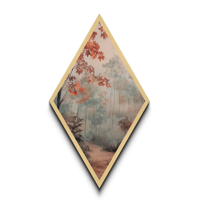 Diamond Shaped Misty Red Autumn Trees, peaceful morning woods Canvas Art Print, soft seasonal foliage decor, muted fall forest artwork