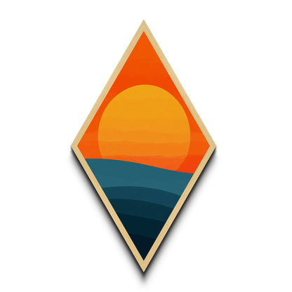 Sunset Radiance Horizon Diamond Shaped Canvas Textured Print with bold orange sun minimalist landscape warm earth tones geometric wall decor