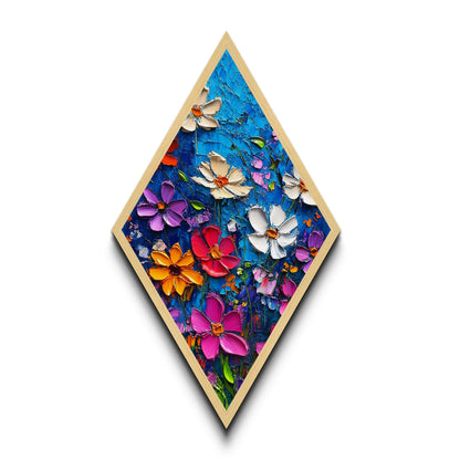 Blue Blossom Pop — Diamond Shaped Canvas Textured Print makes a lively statement in bathroom or hallway with bold floral palette knife design