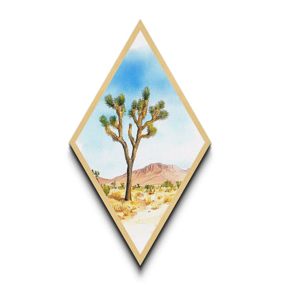 Mojave Tree Scene Diamond Shaped Canvas Textured Print, Watercolor Nature Landscape, Desert Mountain Western Wall Art