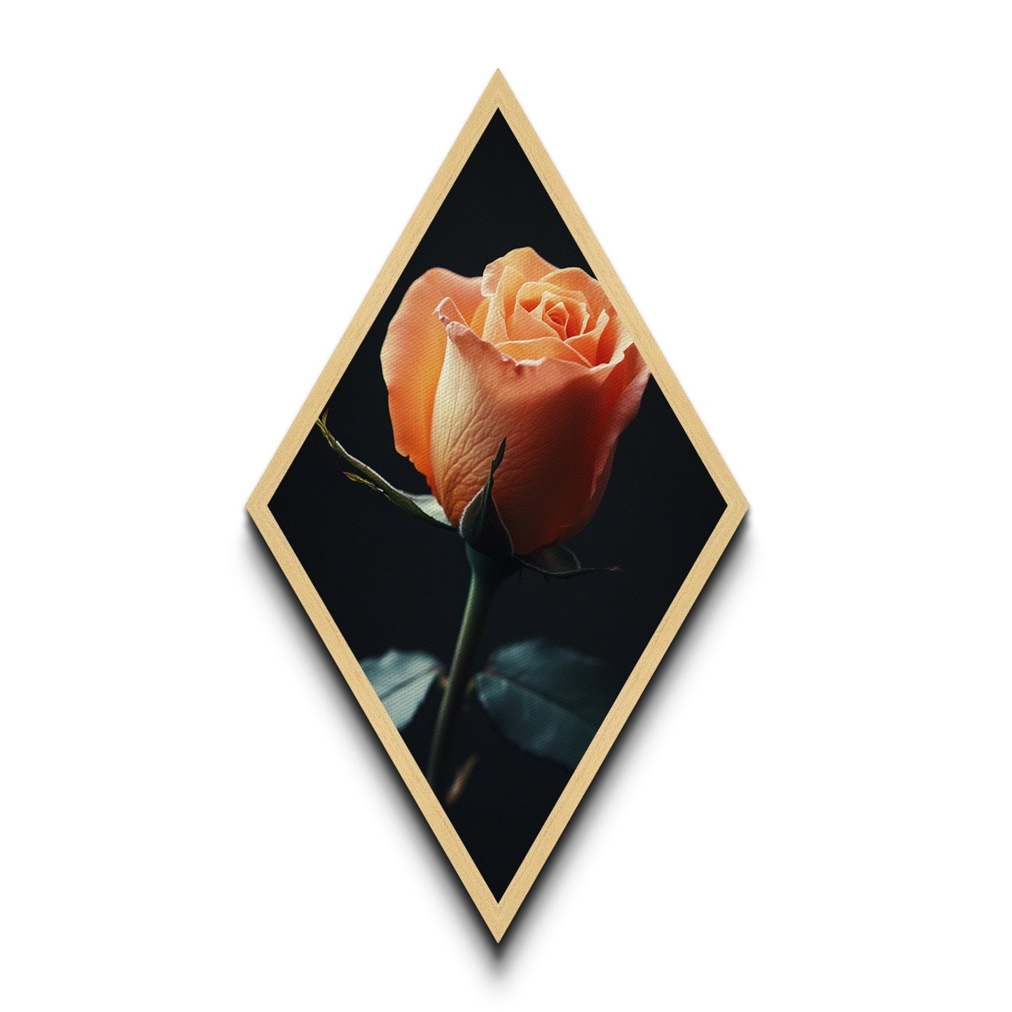 Soft Peach Rose Diamond Shaped Canvas Embossed Print, Floral Minimalist Wall Art, Romantic Moody Botanical Fine Decor