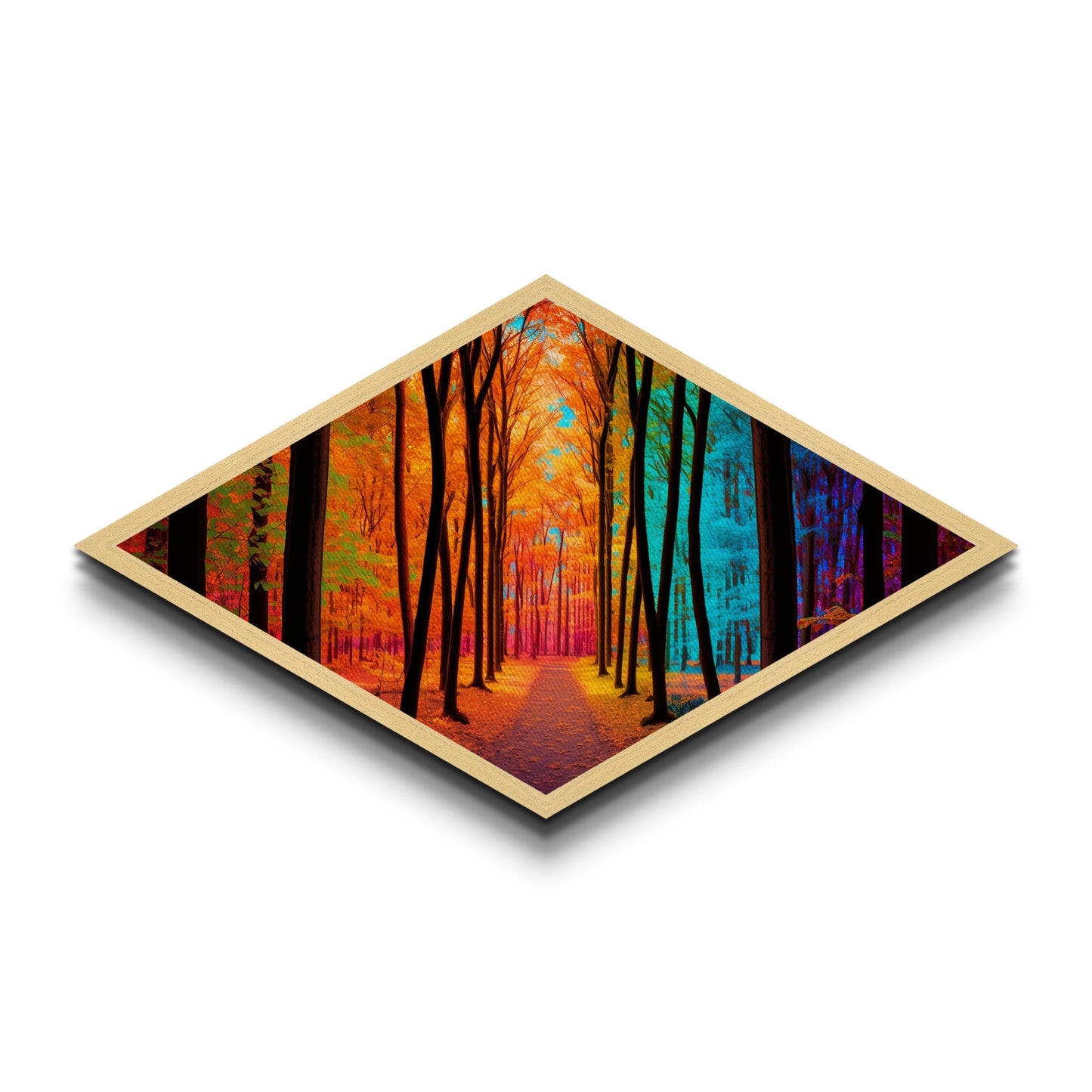 Chromatic Forest Path – Diamond Shaped Rainbow Woodland Trail Canvas Art Print with autumn trees, vibrant color spectrum, surreal landscape
