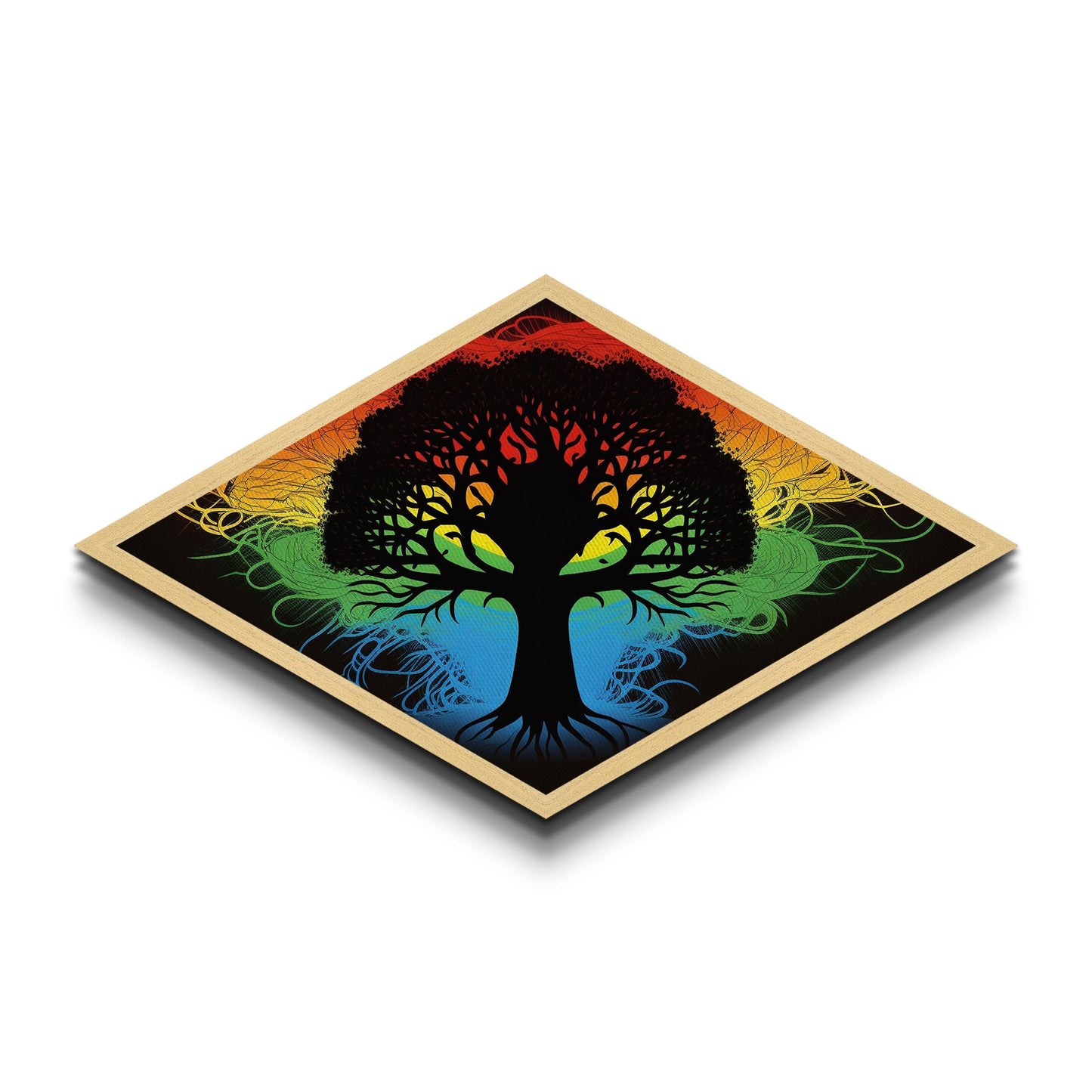 Prism Tree of Life – Diamond Shaped Rainbow Roots Silhouette Canvas Art Print with psychedelic tree, colorful energy, and abstract style