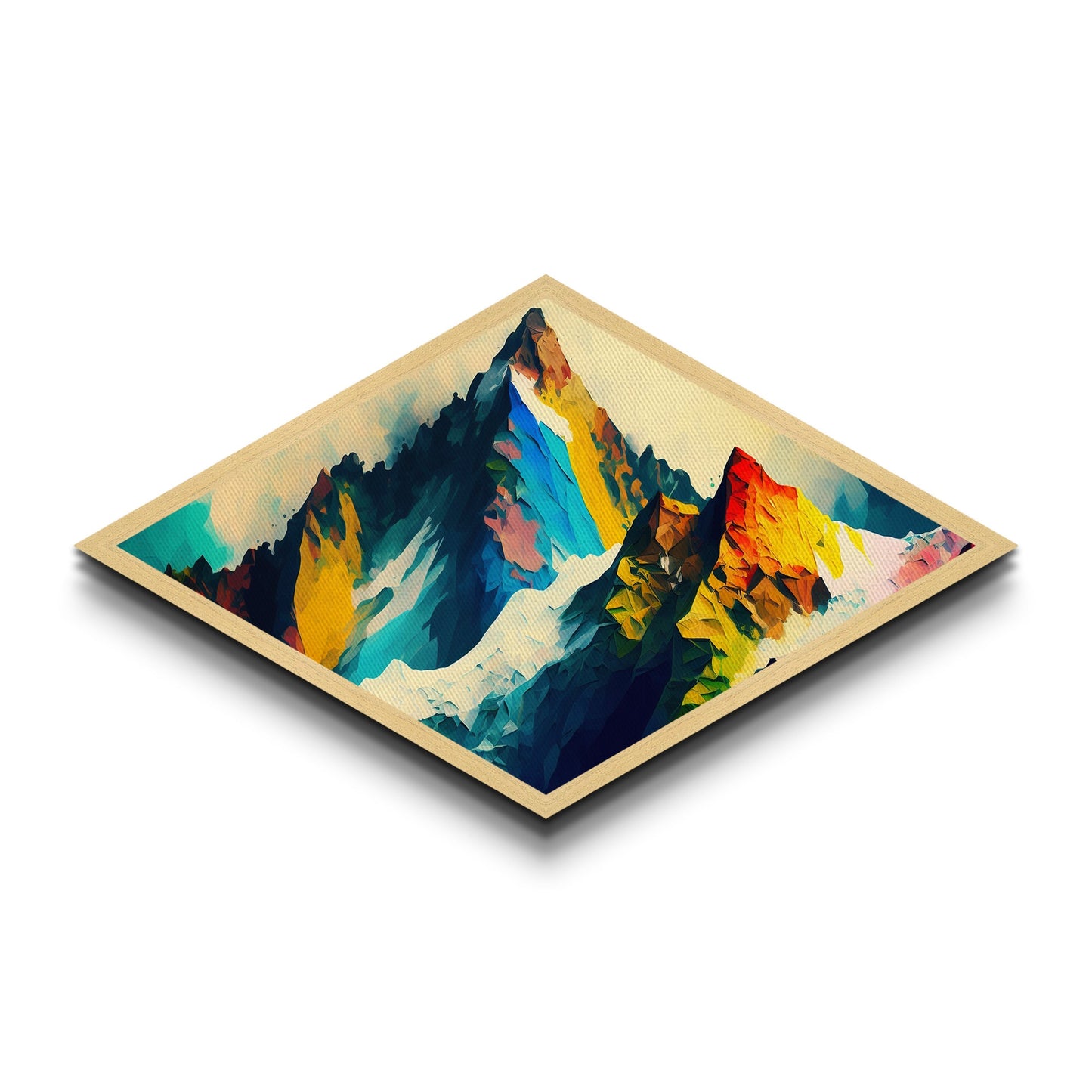 Kristalline Alpen – Rautenförmiger abstrakter Regenbogengipfel-Leinwanddruck mit polygonalem Bergpanorama und kräftigen geometrischen Strichen