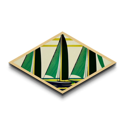 Abstract Sail Wind – Diamond Shaped Canvas Textured Print with retro sailboat geometry, green yellow nautical minimalist coastal theme