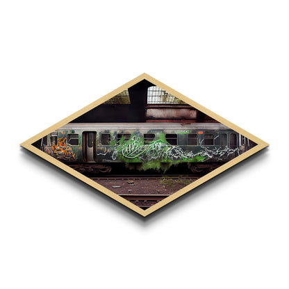 Graffiti Train Scene – Diamond Shaped Canvas Art Print with abandoned urban train, grunge graffiti photography, street art inspired wall piece