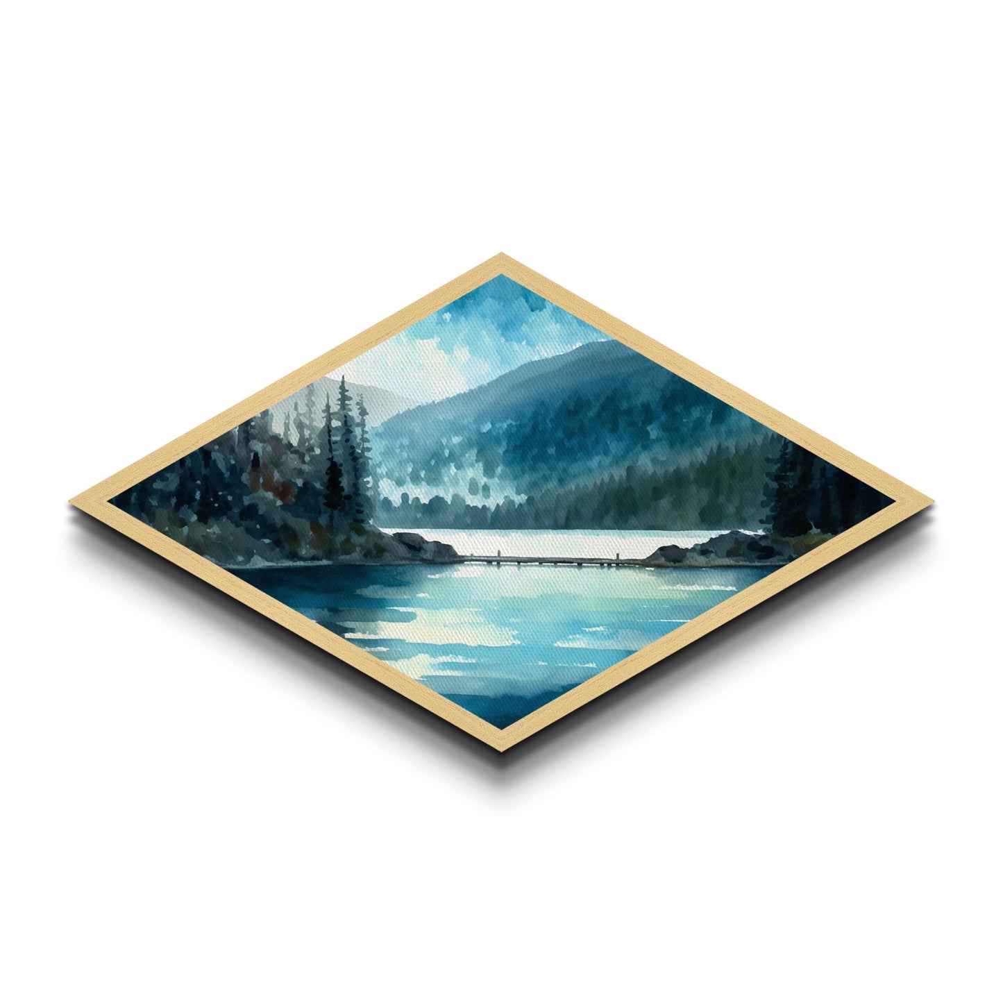 Misty Lake Retreat – Diamond Shaped Canvas Textured Print with tranquil blue waters, evergreen reflection scene, peaceful nature wall art
