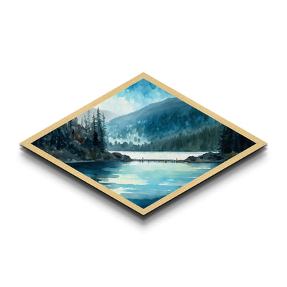 Misty Lake Retreat – Diamond Shaped Canvas Textured Print with tranquil blue waters, evergreen reflection scene, peaceful nature wall art