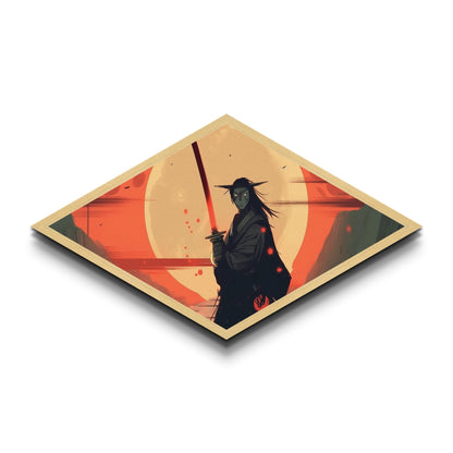 Demon Samurai Stance Diamond Shaped Canvas Art Print, Japanese Anime Warrior Decor, Red Moon Battle Scene, Teen Room Artwork