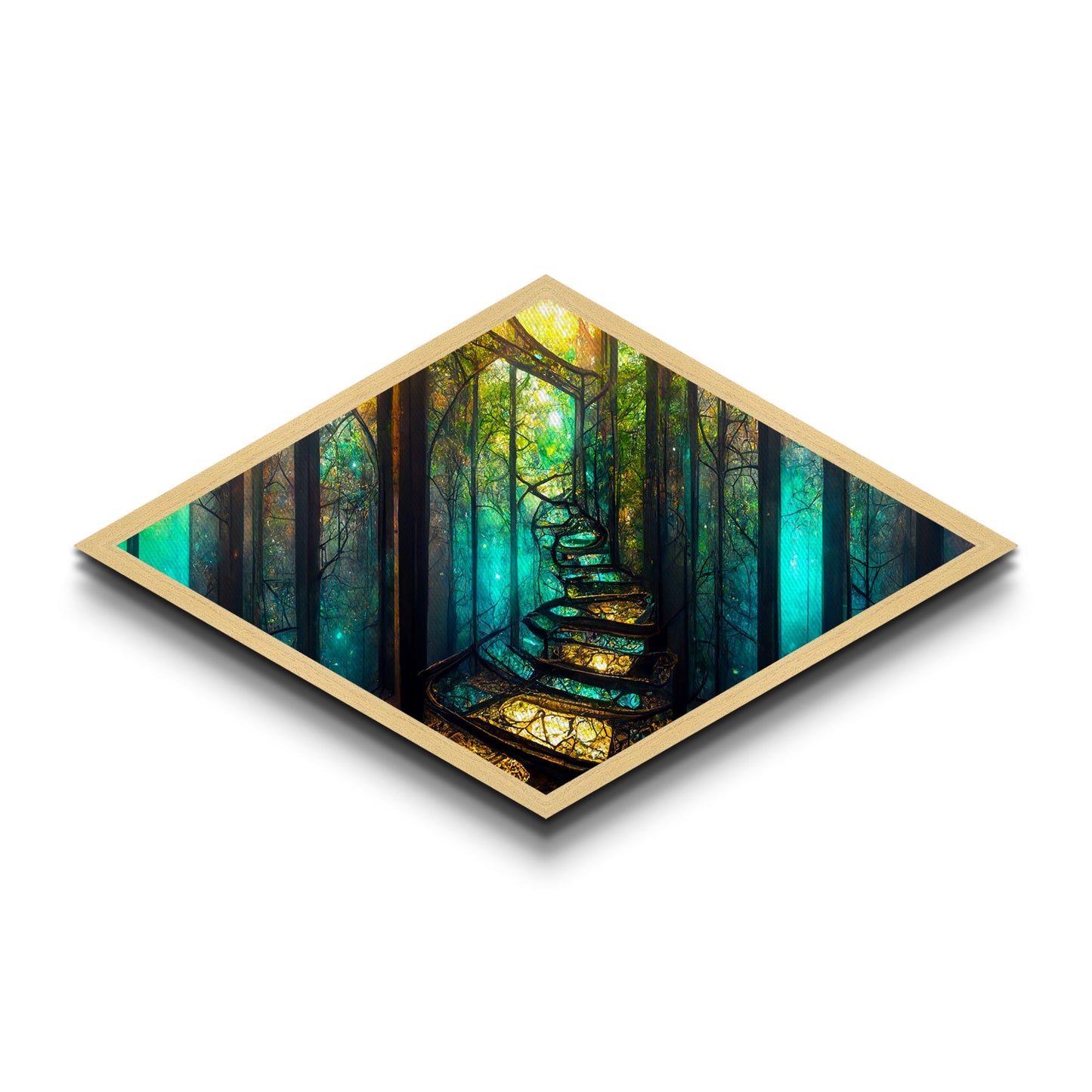 Magic Forest Portal Diamond Shaped Canvas Textured Print, fantasy woodland entrance art, colorful ethereal tree landscape print