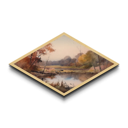 Woodland Reflections – Diamond Shaped Canvas Textured Print, Fall Forest Art, Water Scene Accent, Cozy Home Nature Wall Decor