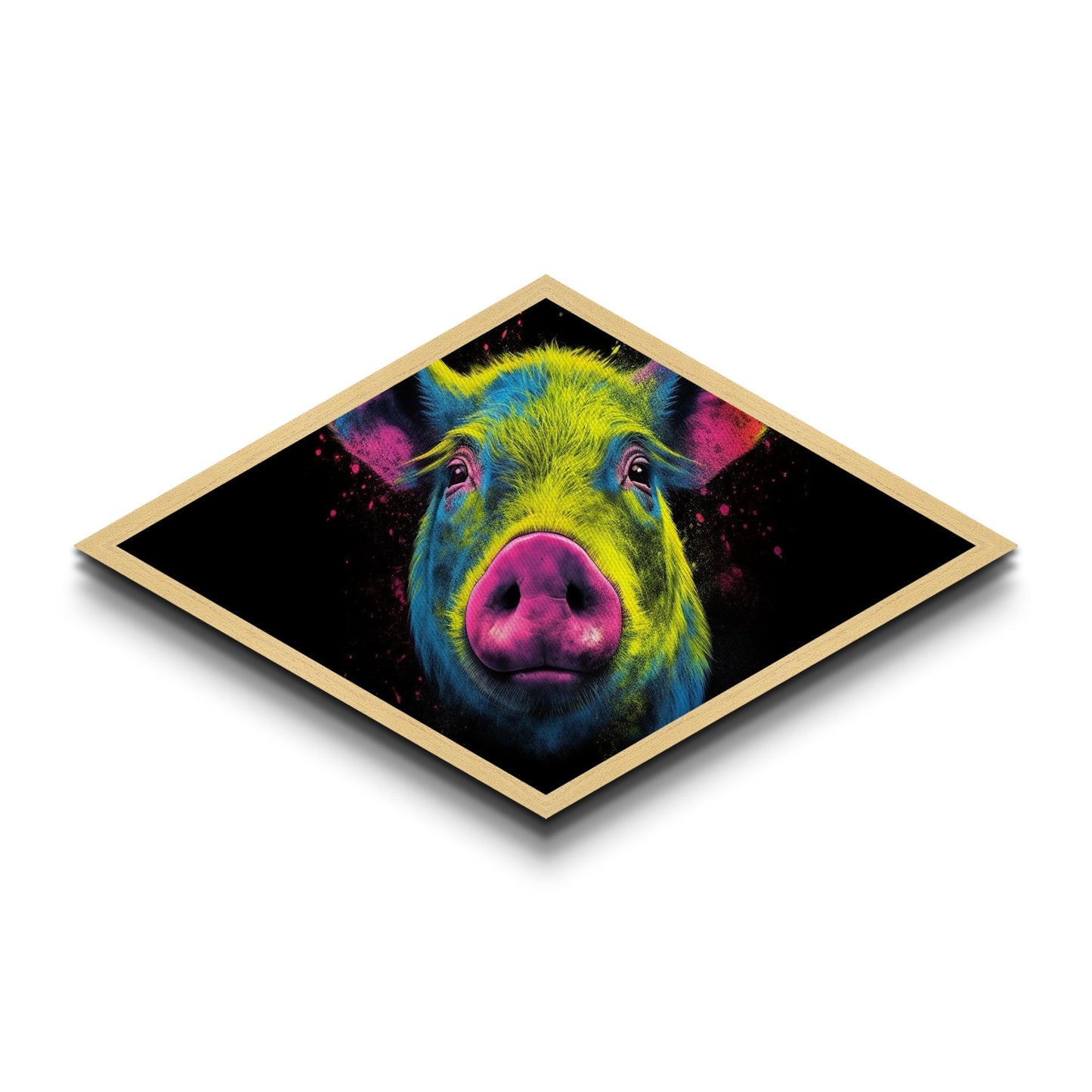 Psychedelic Pig Face – Diamond Shaped Canvas Art Print, Bold Animal Decor, Color Pop Wall Accent, Modern Farmhouse Nursery Gift