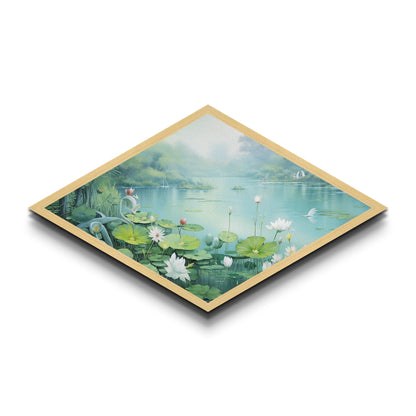 Tranquil Lily Pond Diamond Shaped Canvas Textured Print with peaceful lotus flowers, lake landscape art, spa room wall decoration
