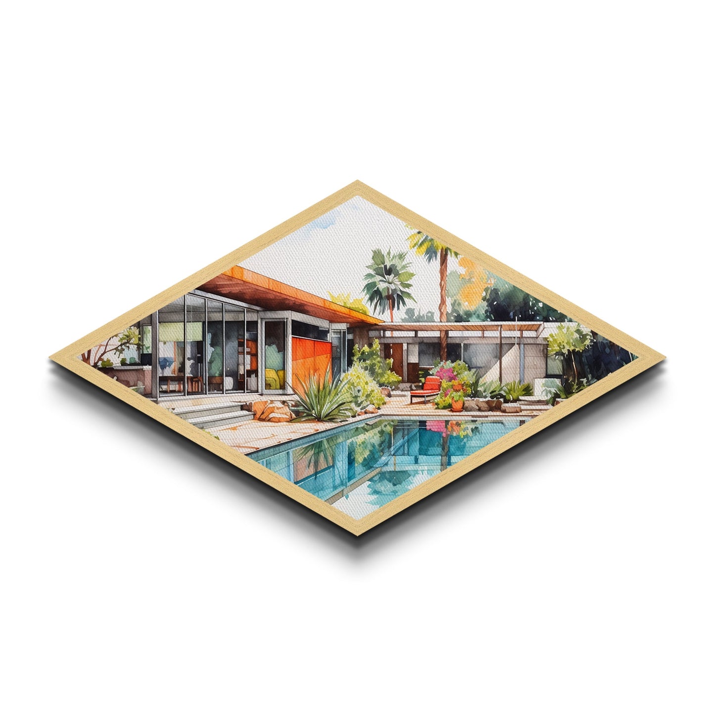 Midcentury Oasis Retreat Diamond Shaped Modern Home Canvas Art Print poolside bungalow retro palm springs architectural wall decor