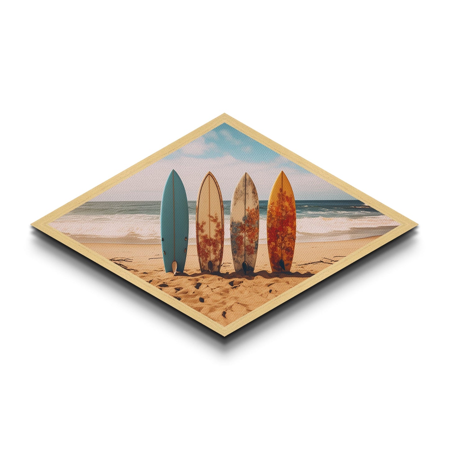 Vibrant Surf Quartet Diamond Shaped beach scene with surfboards wall decor Canvas Art Print coastal summer home accent gift idea