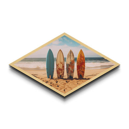 Vibrant Surf Quartet Diamond Shaped beach scene with surfboards wall decor Canvas Art Print coastal summer home accent gift idea