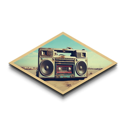 Boombox On Beach Diamond Shaped retro music lover Canvas Textured Print nostalgic 80s vibe beach sound decor man cave or dorm art