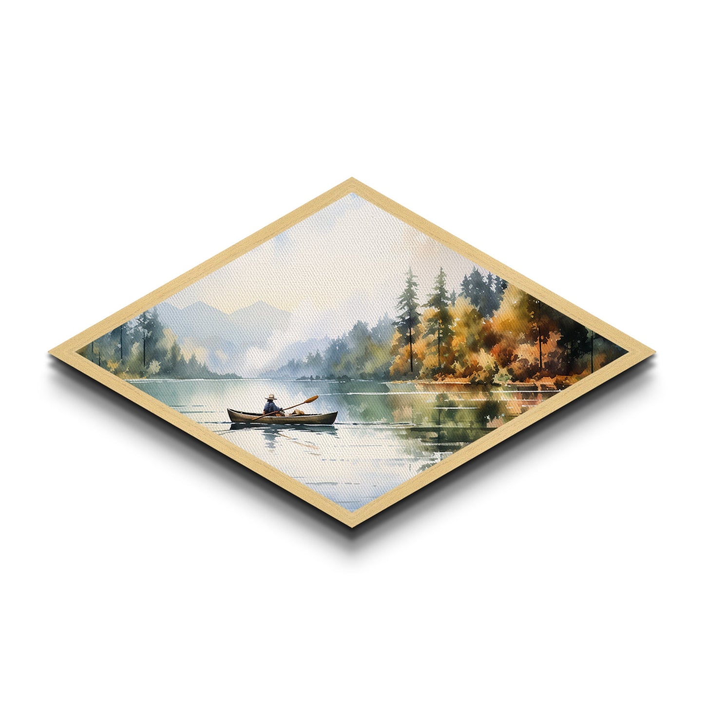 Peaceful Canoe Morning Diamond Shaped watercolor lake art Canvas Textured Print nature inspired calming space cabin or retreat gift