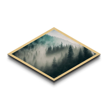 Misty Forest Layers Diamond Shaped Nature Landscape Canvas Textured Print Evergreen Pine Foggy Mountains Calm Woodland Tranquil Decor