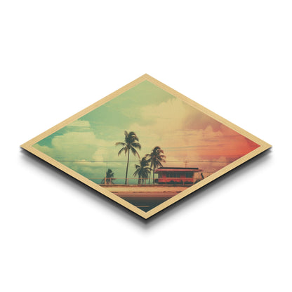 Sunset Beach Cabin — Diamond Shaped Canvas Textured Print retro coastal decor, midcentury beach wall art, vacation home aesthetic