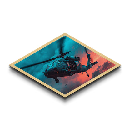 Midnight Drop Mission — Diamond Shaped Canvas Art Print helicopter military decor, stormy sky artwork, man cave or office statement