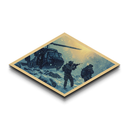 Snowfield Deployment — Diamond Shaped Canvas Textured Print army winter ops wall art, soldier gift, rustic adventure lodge accent