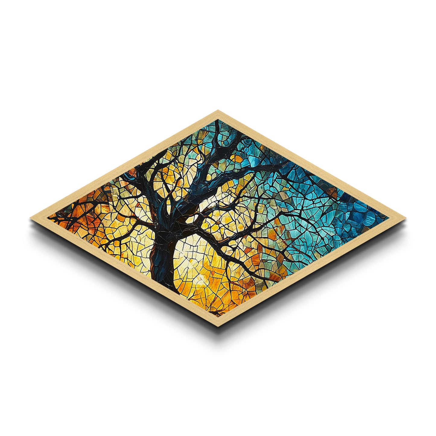 Branching Light Mosaic — Diamond Shaped Canvas Embossed Print glowing stained glass tree artwork, spiritual living room boho decor