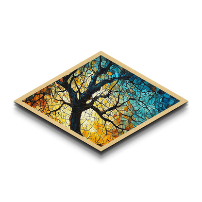 Branching Light Mosaic — Diamond Shaped Canvas Embossed Print glowing stained glass tree artwork, spiritual living room boho decor