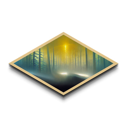 Forest Glow Tranquility Diamond Shaped Canvas Art Print, Misty Pines Sunrise Landscape Wall Decor, Nature Inspired Zen Room Accent