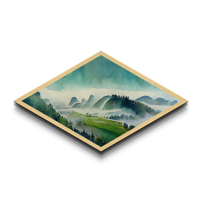 Watercolor Hills Serenity Diamond Shaped Canvas Textured Print, Misty Mountains Landscape Wall Decor, Tranquil Pastel Green Tones