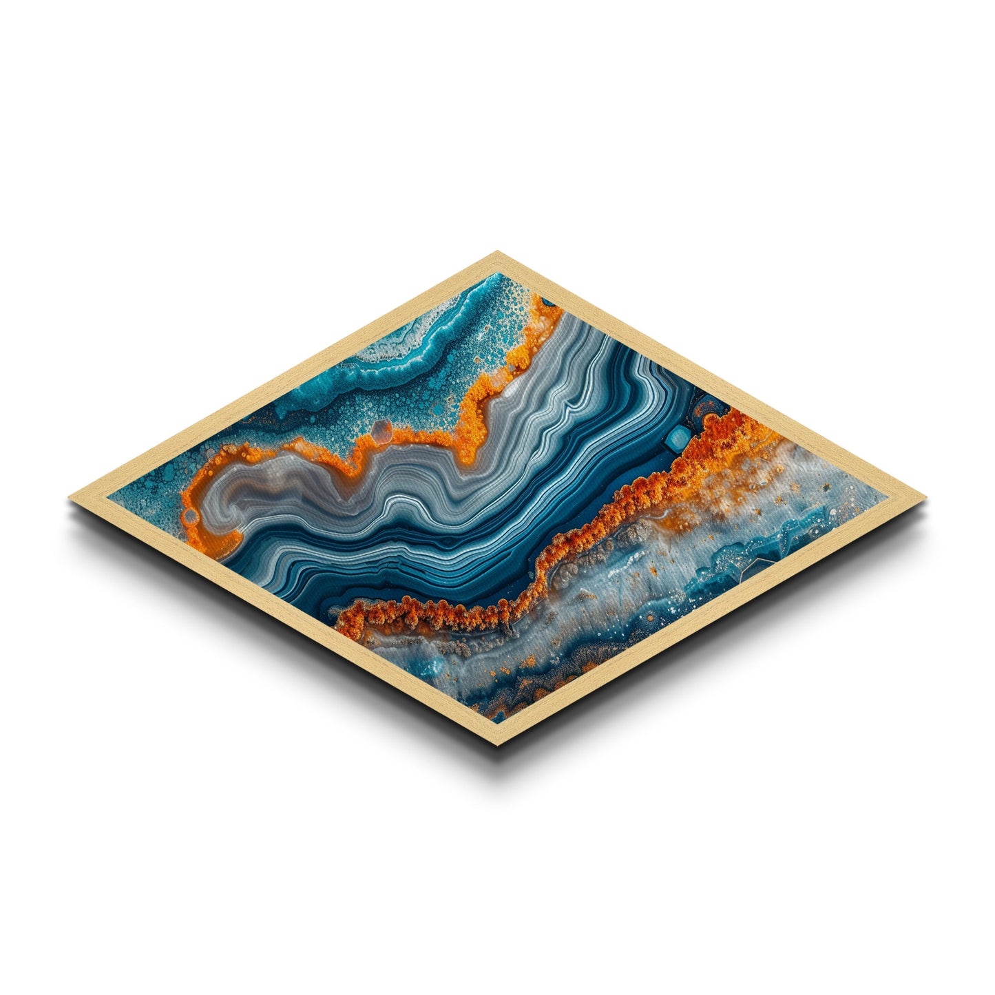 Aqua Flame Vein Diamond Shaped Canvas Textured Print Agate Crystal Slice Wall Decor Earth Tones Modern Bathroom Gift