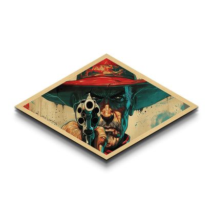 Western Gunman Gaze Diamond Shaped Canvas Embossed Print Pop Art Cowboy Portrait Bold Americana Wall Decor Man Cave Accent