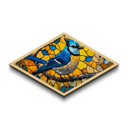 Stained Glass Bluejay Diamond Shaped Canvas Textured Print Bird Art Sunlit Window Look Nature Lover Gift Rustic Home Decor
