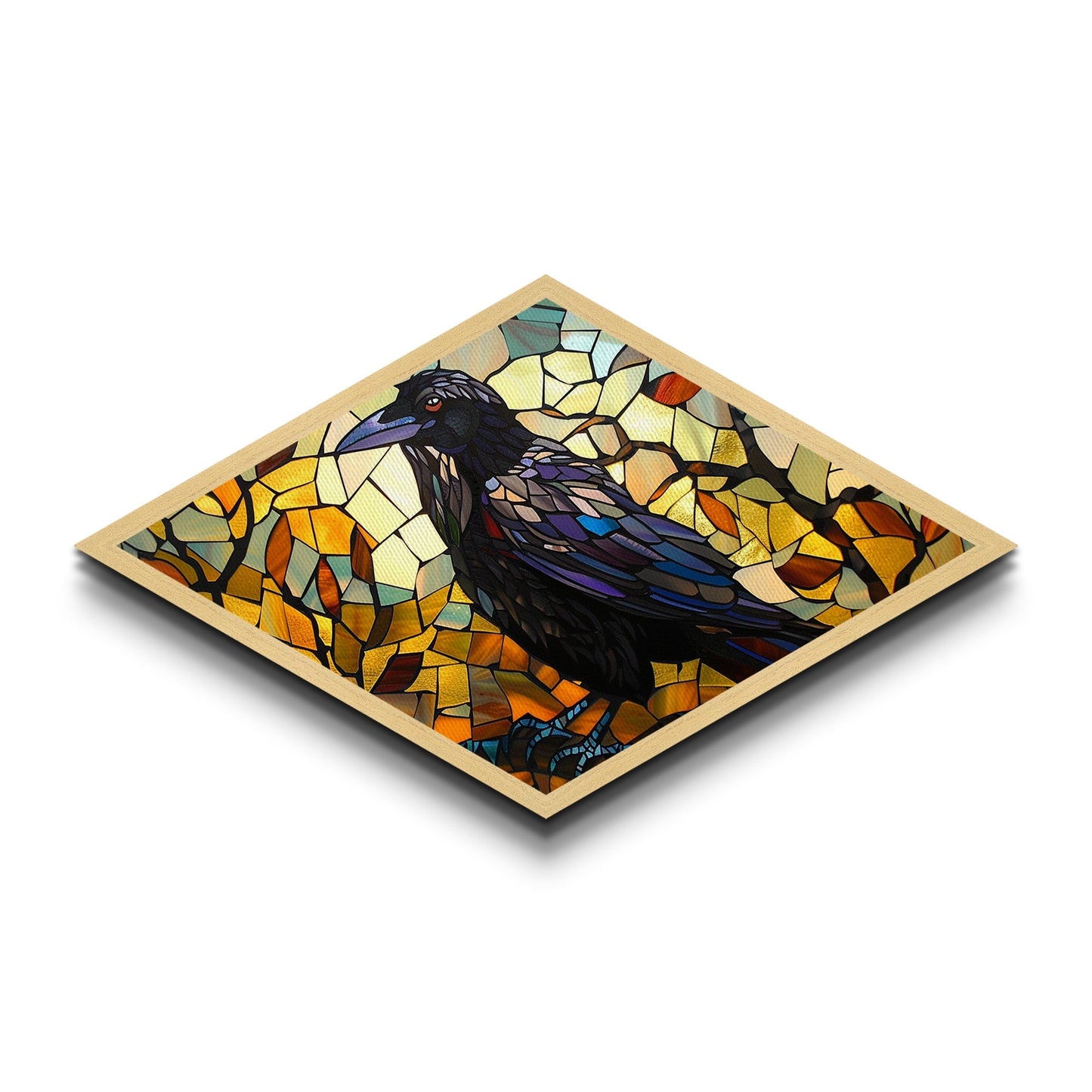 Raven Glass Shadows Diamond Shaped Canvas Art Print Stained Glass Crow Art Autumn Color Wall Decor Halloween Gothic Aesthetic