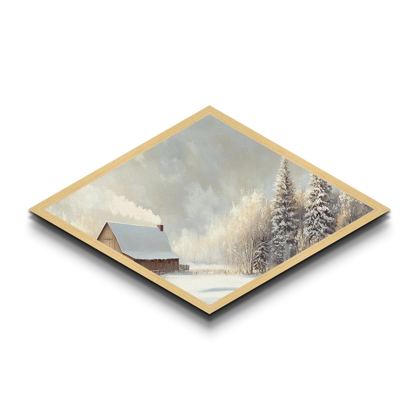 Snowy Cabin Peace – Diamond Shaped Canvas Textured Print rustic winter scene landscape wall art cozy Christmas lodge aesthetic decor