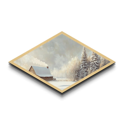 Snowy Cabin Peace – Diamond Shaped Canvas Textured Print rustic winter scene landscape wall art cozy Christmas lodge aesthetic decor