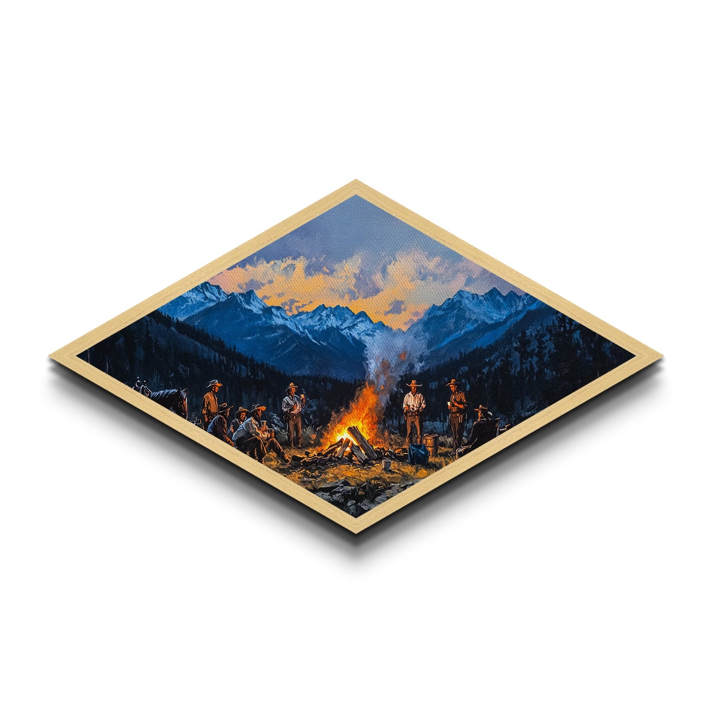 Campfire Cowboys – Diamond Shaped Canvas Art Print western rustic painting mountain landscape cowboy lodge living room Americana decor