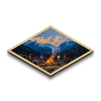 Campfire Cowboys – Diamond Shaped Canvas Art Print western rustic painting mountain landscape cowboy lodge living room Americana decor
