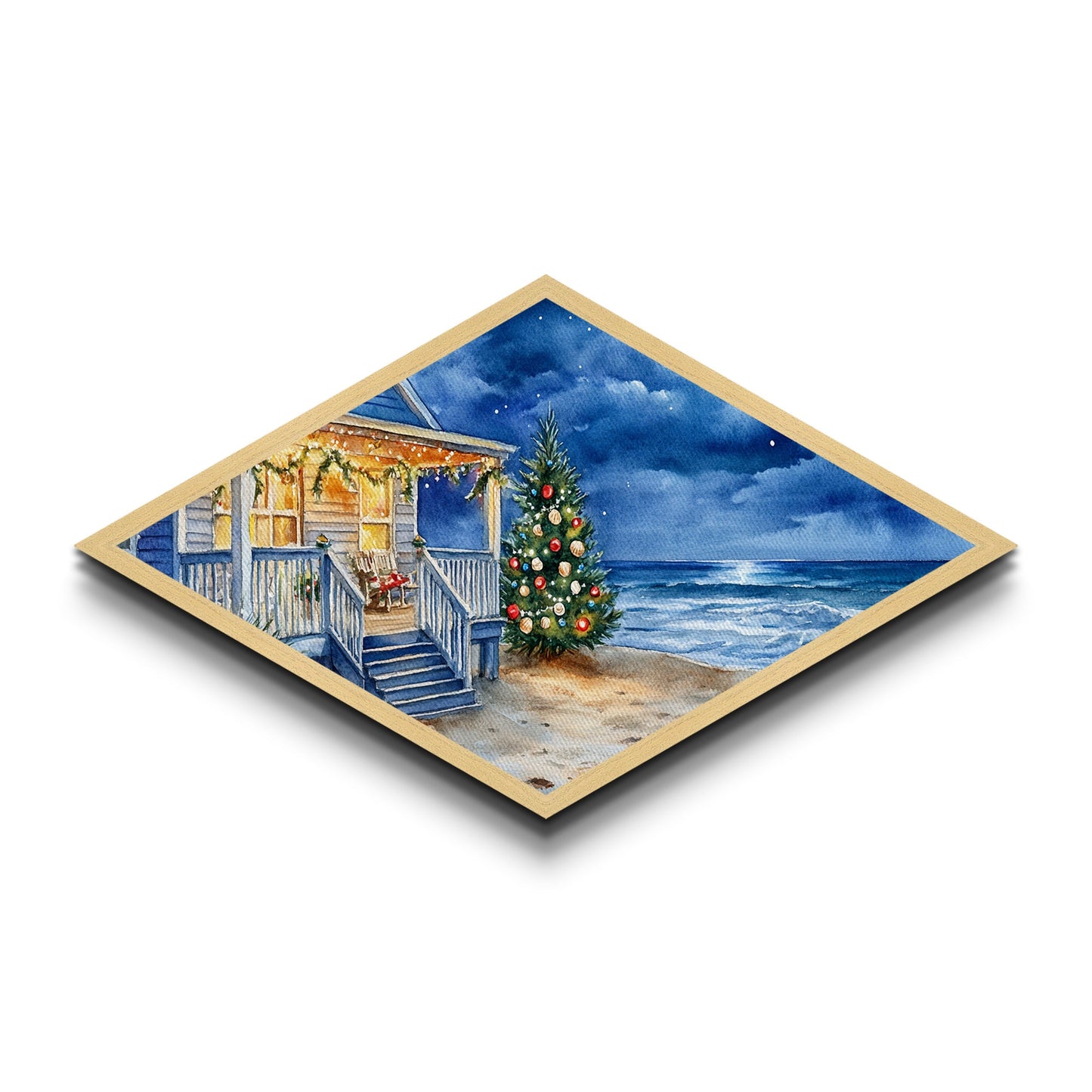 Coastal Christmas – Diamond Shaped Canvas Textured Print holiday beach house watercolor art oceanfront winter tree porch night scene