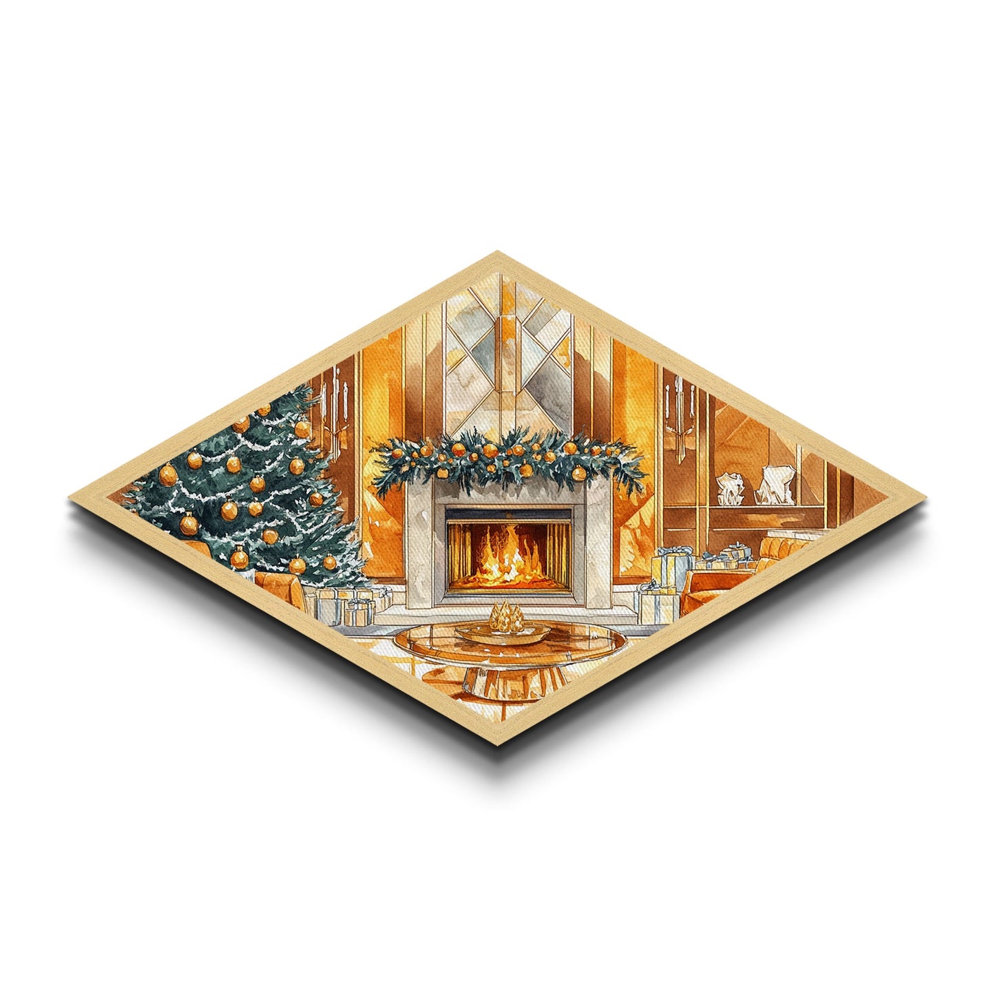 Festive Hearth – Diamond Shaped Canvas Textured Print cozy Christmas interior holiday fireplace art living room seasonal winter decor