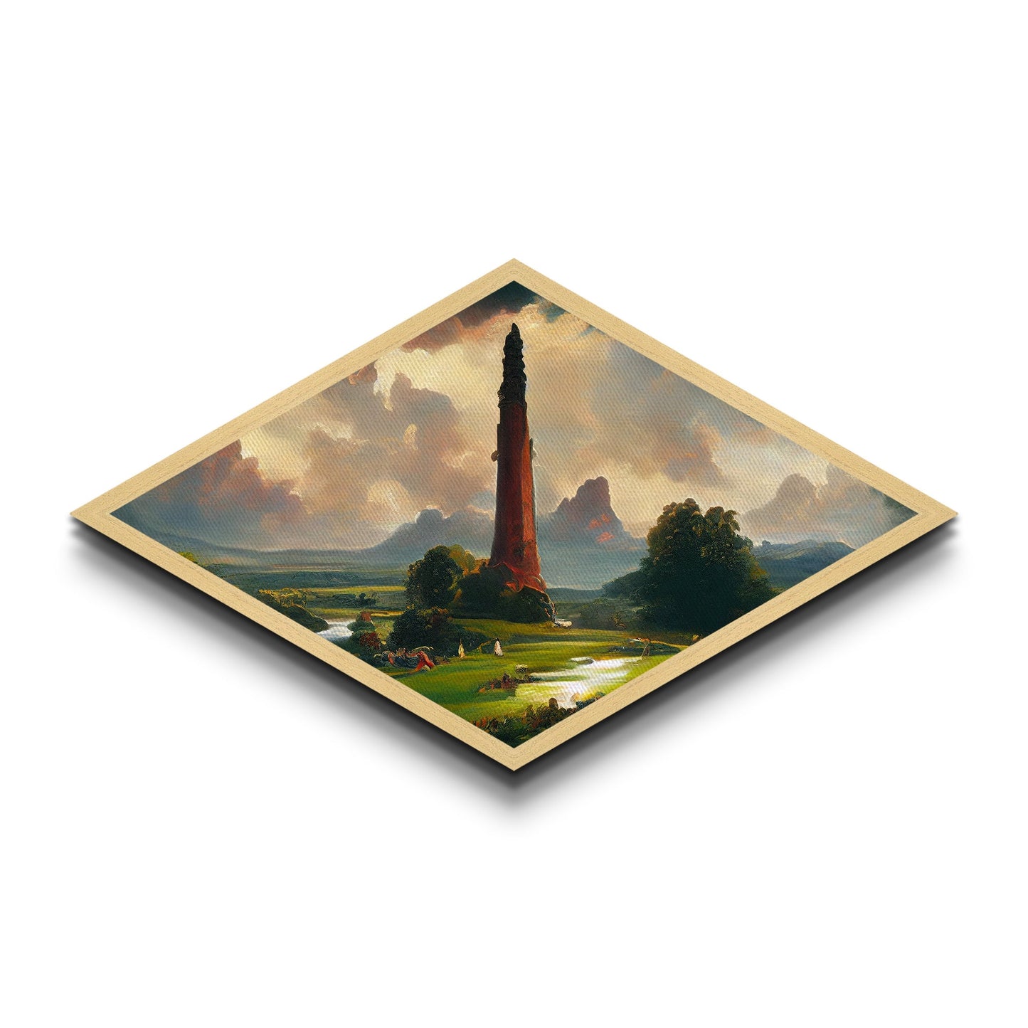 Towering Realm Scene Diamond Shaped Canvas Art Print, Mythic Landscape Fantasy Wall Decor, Romanticism Style Magical Nature View