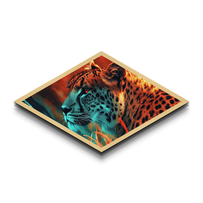 Jungle Sentinel Diamond Shaped Canvas Embossed Print Fierce Cheetah Animal Wall Decor Wild Safari Energy Bedroom Statement Wildlife Art