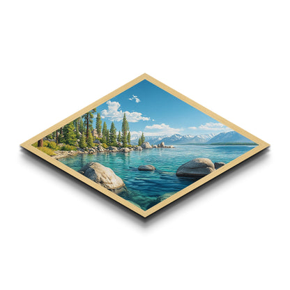 Alpine Stillness - Diamond Shaped Canvas Art Print Mountain Lake Nature Decor Rustic Lodge Wall Accent Peaceful Retreat Landscape