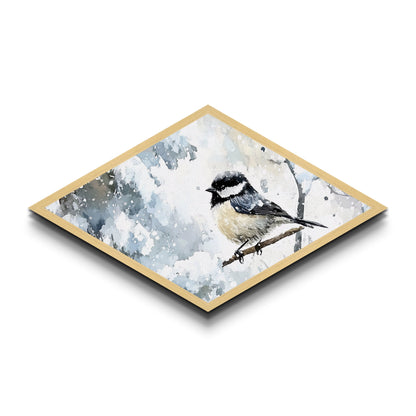 Winter Perch - Diamond Shaped Canvas Textured Print Snowy Bird Wall Art Woodland Wildlife Christmas Cabin Nature Room Accent