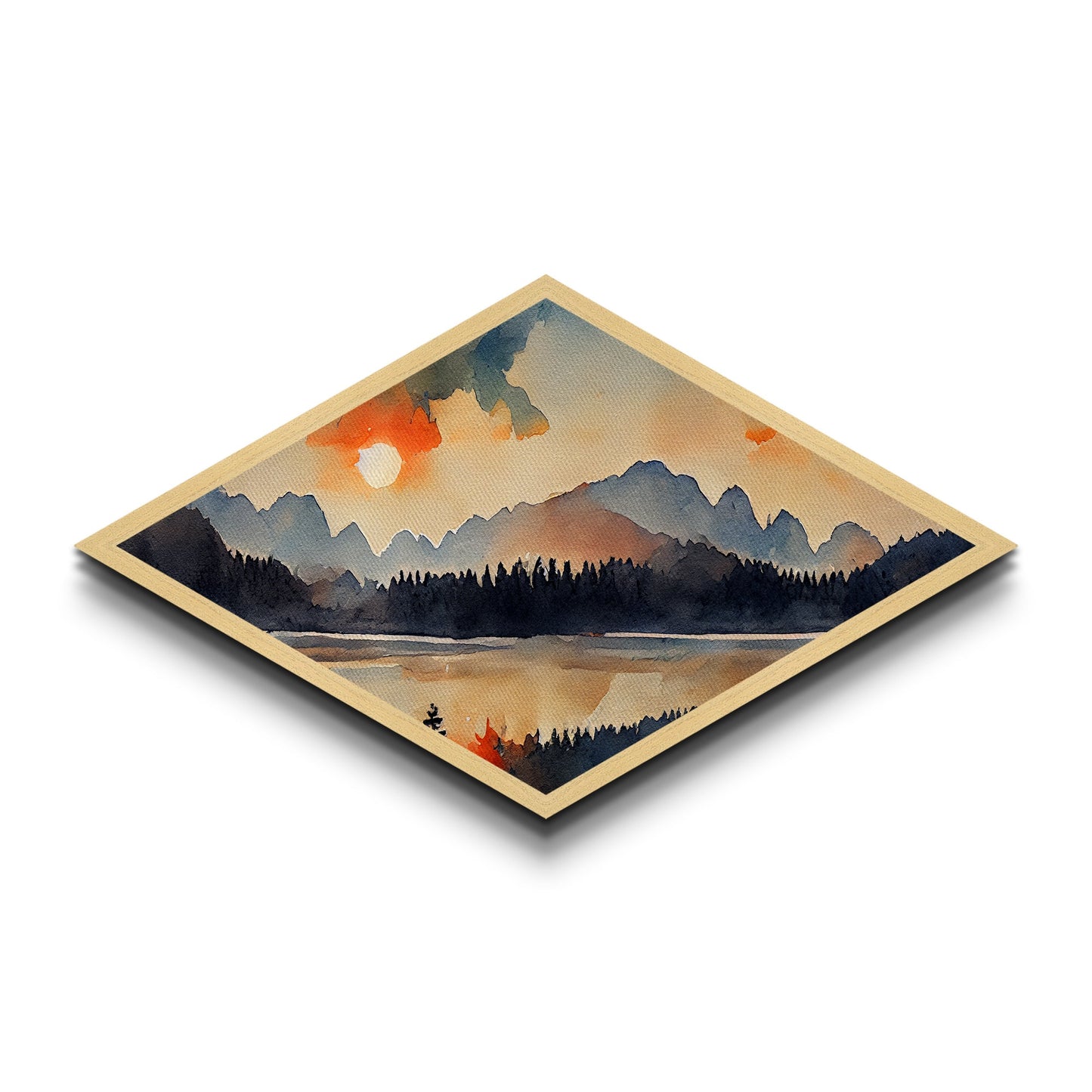 Sunset Over The Smoky Mountains, Diamond Shaped Art Print, Watercolor Landscape Painting, Nature Decor, Canvas Texture Art Print