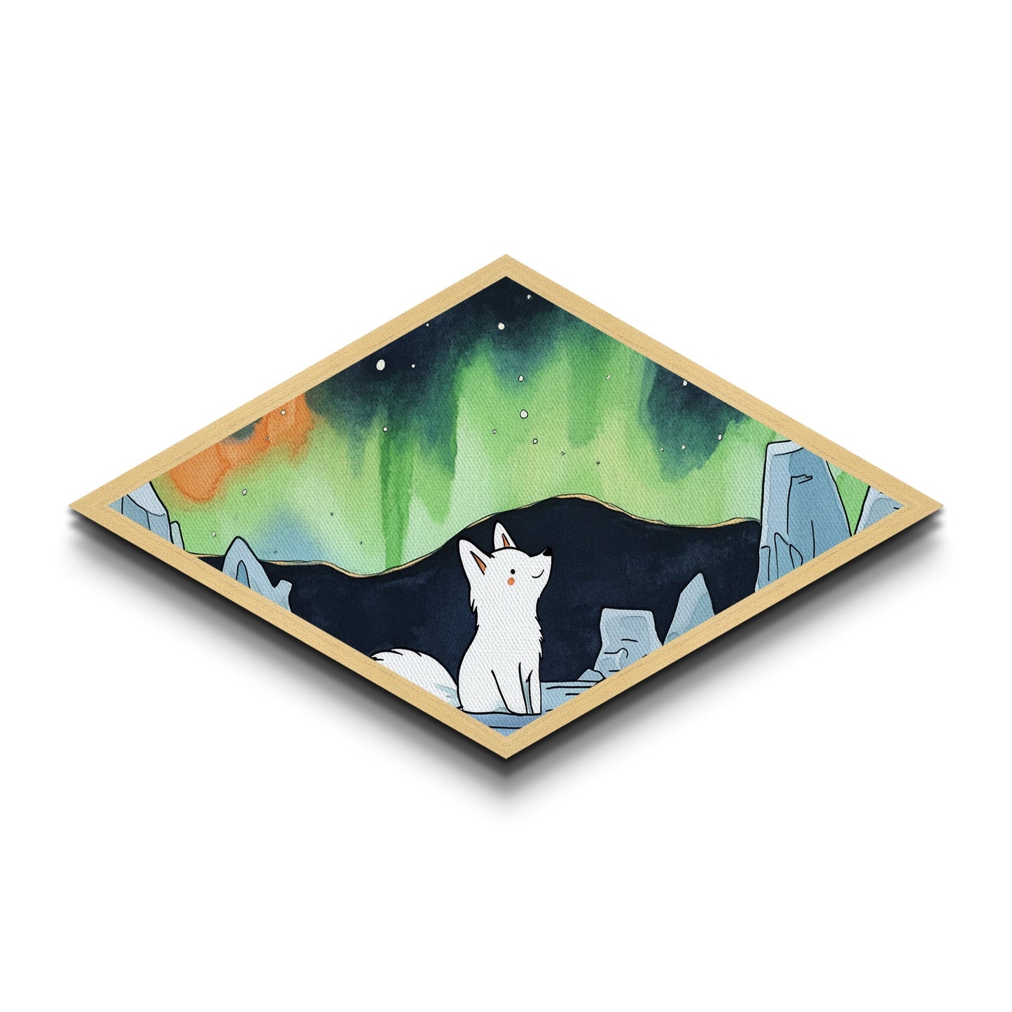 Cute Wolf Cub Under The Northern Lights, Diamond Shaped Canvas Texture Art Print, Coastal Boho Decor