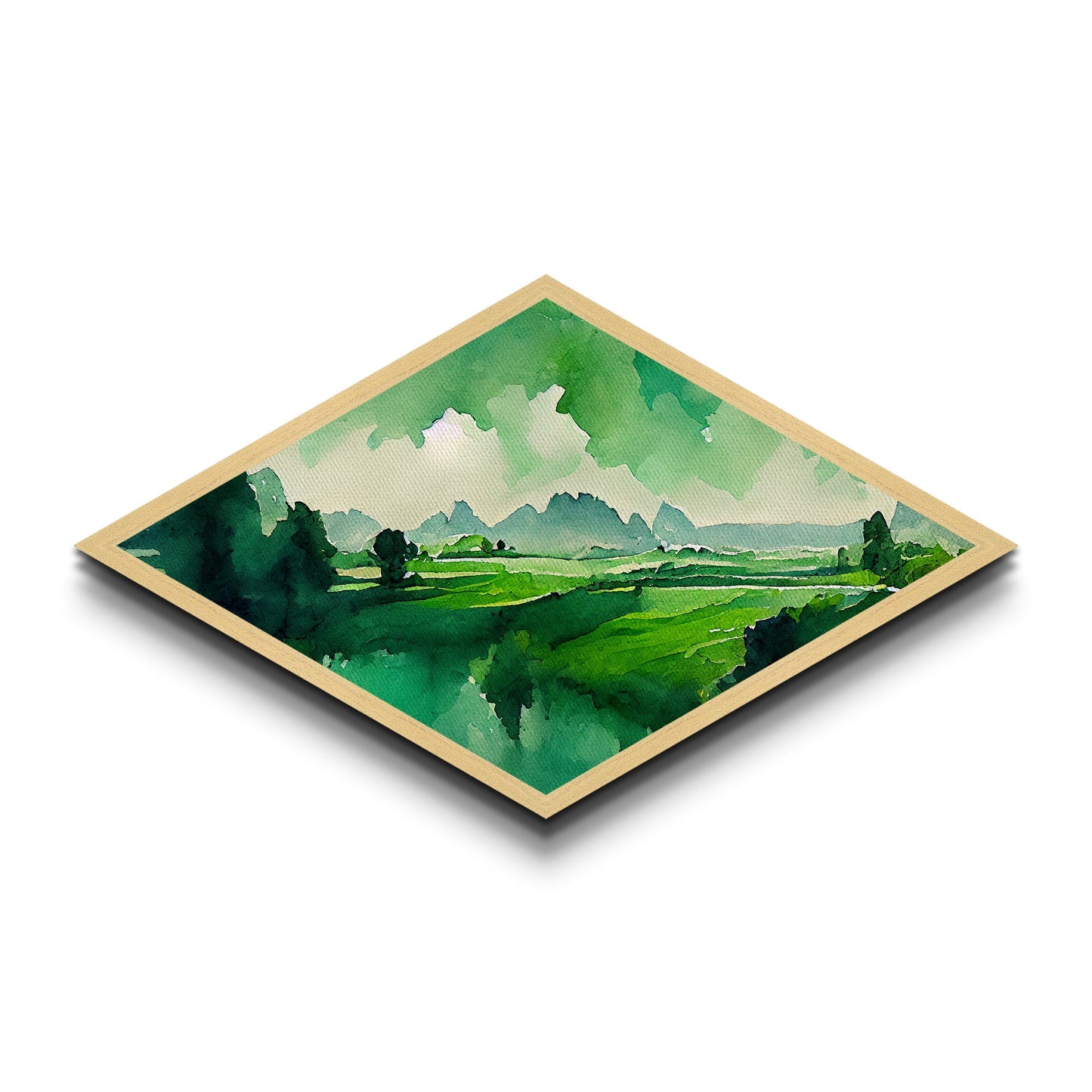 Verdant Horizon Diamond Shaped Landscape Wall Art Canvas Embossed Print Green Mountain Nature Illustration Pastoral Home Decor Accent